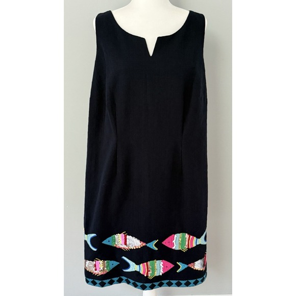 Talbots Sequin Fish Sheath Dress Blue Sleeveless Embroidered Coastal Women's 14w - Picture 1 of 16